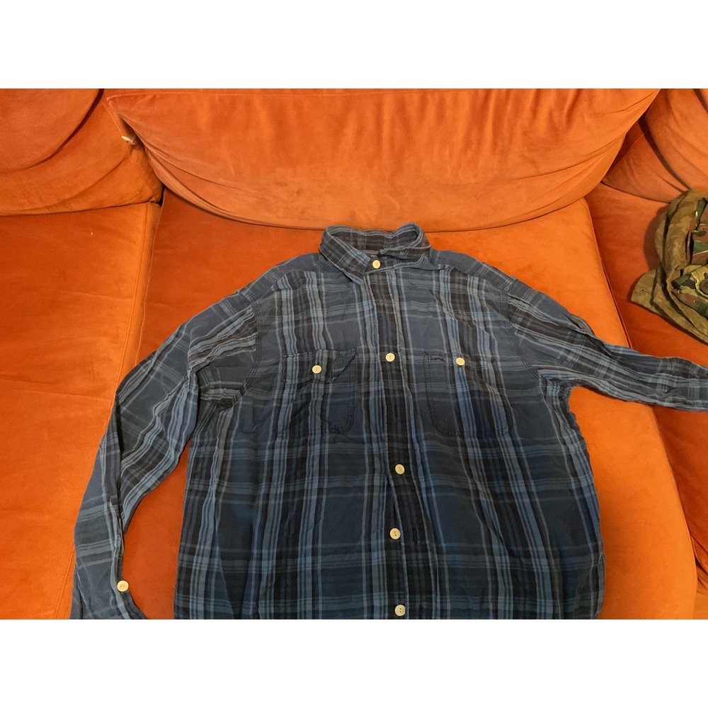 Polo Ralph Lauren Mens Large Blue Plaid Silk Linen Button Down Shirt Pockets - Picture 3 of 6